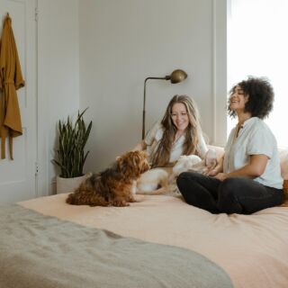 Due donne sorridenti su letto matrimoniale con cane e gatto, ambiente domestico luminoso, atmosfera rilassata e conviviale