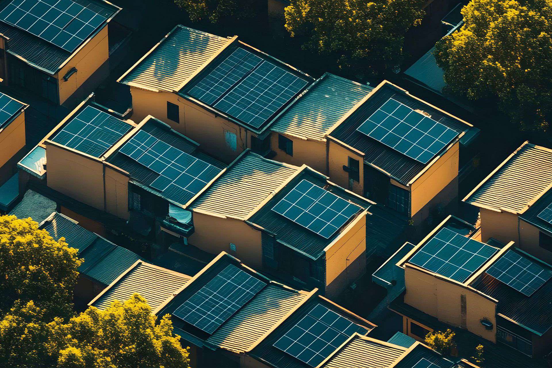 Case di comunità sostenibile con pannelli solari sui tetti, vista aerea, energia rinnovabile, quartiere ecologico