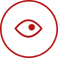 Icona rossa occhio stilizzato cerchiato, simbolo servizio monitoraggio visivo, grafica minimal per homepage